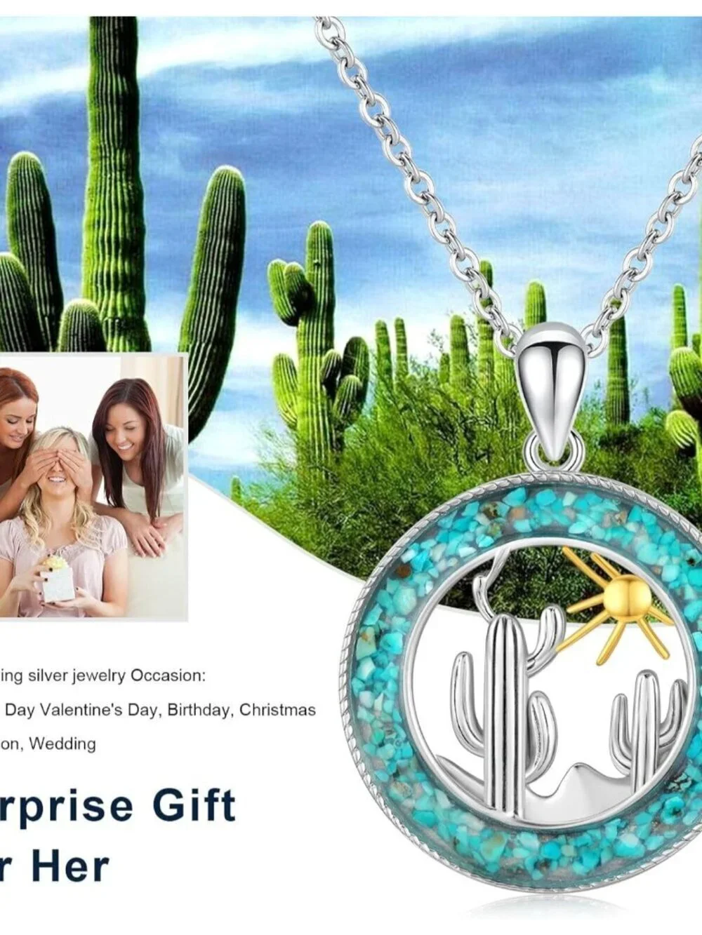 Women's Cactus C Sterling Turquoise Pendant Highland Cow Skull Western Necklace